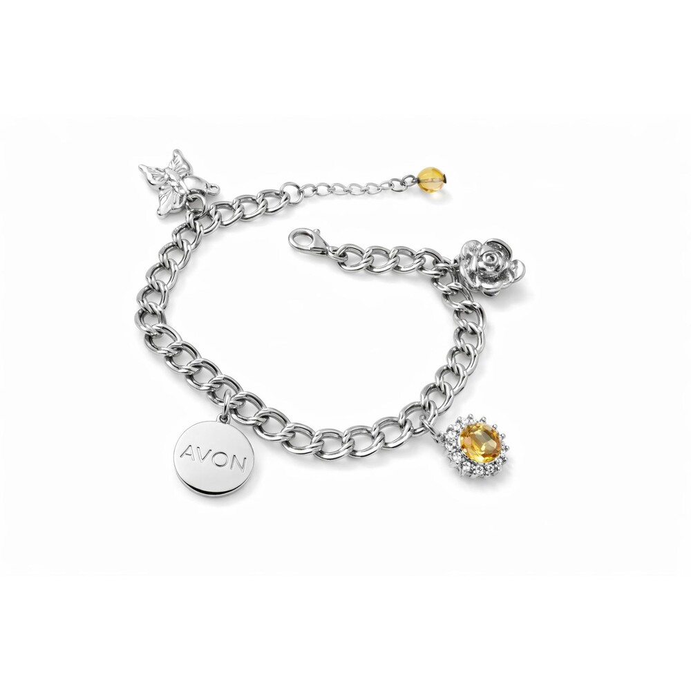 Vintage Avon 7" Charm Bracelet 925 Butterfly Charm Fleurette Rose Citrine CZs